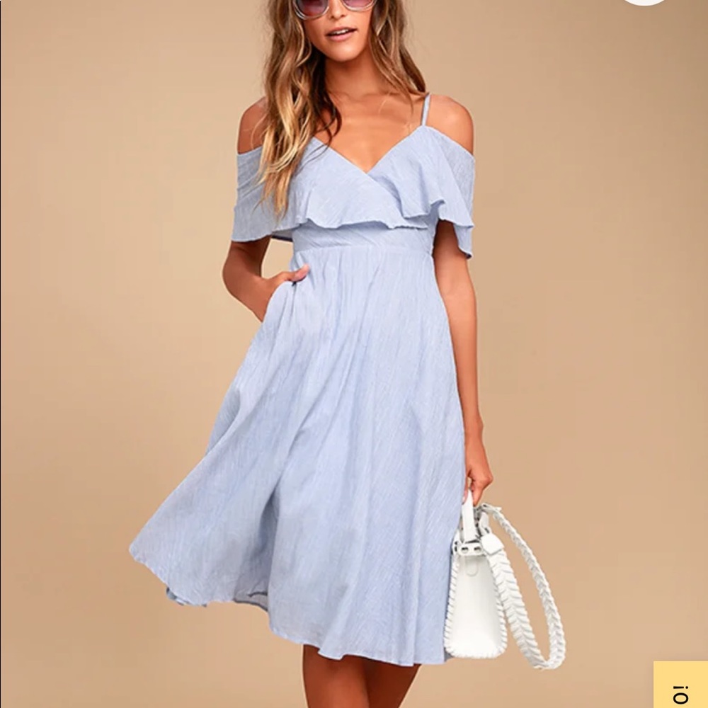 Yacht Rock Blue and White Striped Off the Shoulder Midi Dress